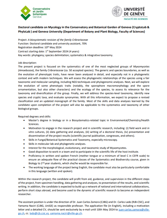 SIM_micoiberica's tweet photo. 🚨 #JobAlert : PhD opportunity on Myxomycetes under the supervision of our colleagues Juan Carlos Zamora &amp; Carlos Lado. Don't miss this opportunity! 🍄🌳🔬@UICNfrance @SocBotaniqueF @UNIGEnews https://t.co/xs9YA0drCl