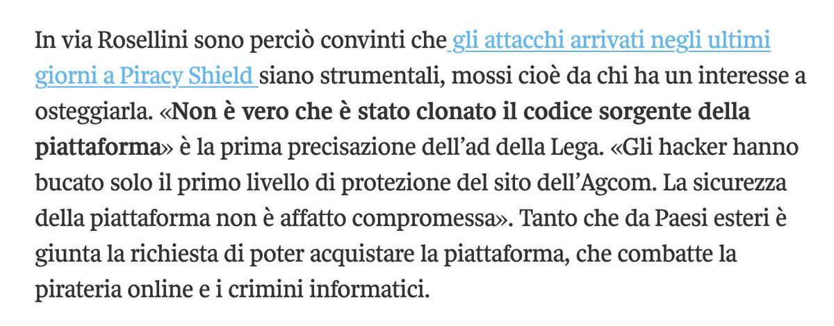 La Lega Serie A smentisce sé stessa: dopo averlo confermato, ora nega che il codice sorgente di #PiracyShield sia online su GitHub.

E invece dice che «gli hacker hanno bucato solo il primo livello di protezione del sito AGCOM», che mi pare pure peggio!

corriere.it/sport/calcio/s…