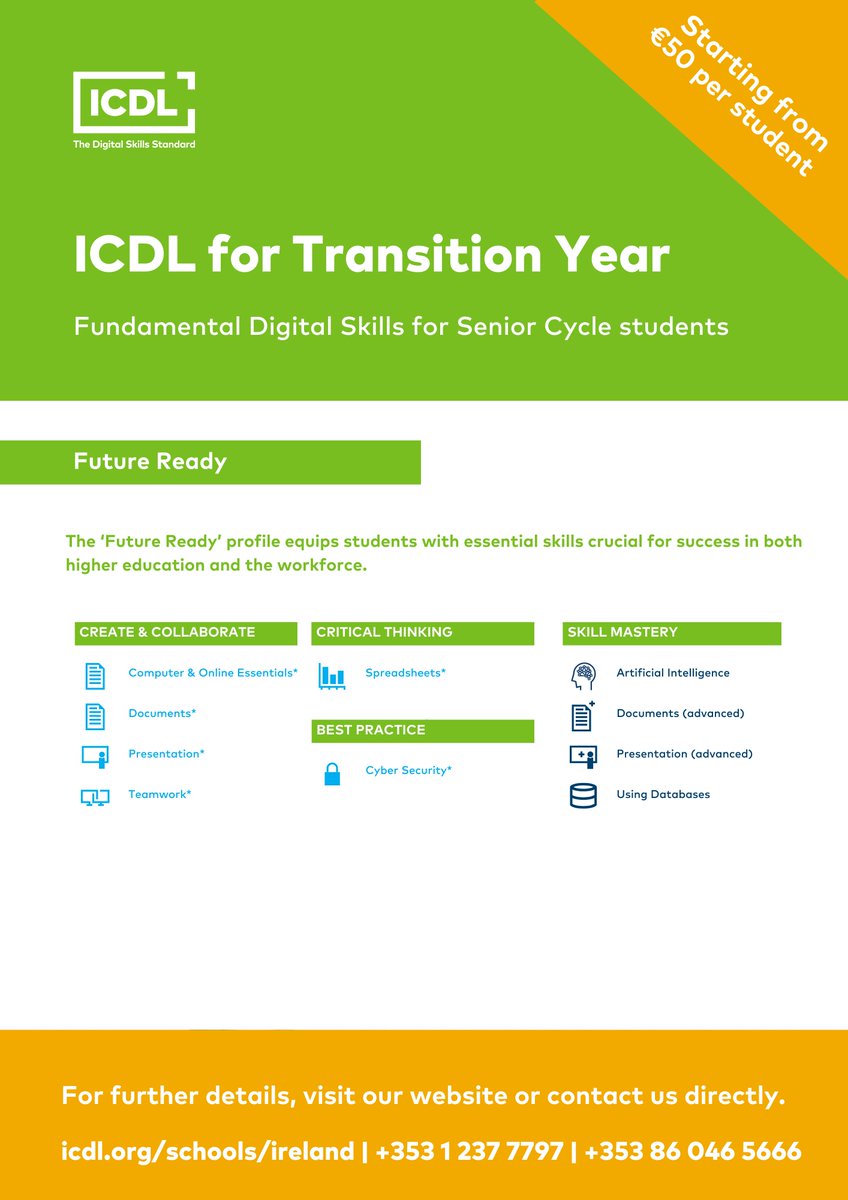 ICDL_Ireland's tweet photo. Get Future Ready with ICDL! Our Future Ready profile equips TY students with essential skills for success in higher education and the workforce. Modular, flexible, and starting from €50 per student. Empower your students for the future!
Learn more: https://t.co/I8Jg8GVucK. https://t.co/NTkmfkcRH3