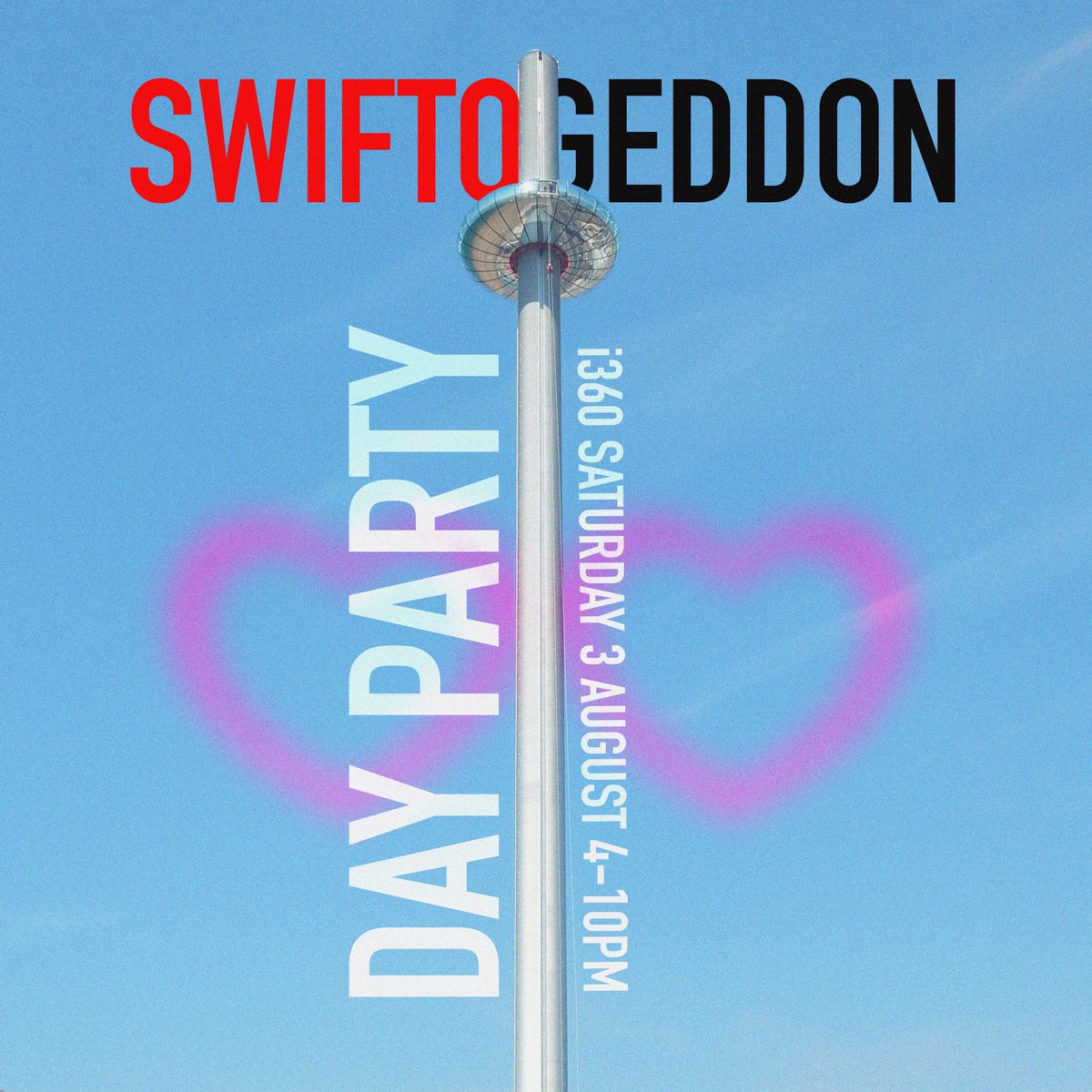 Delighted to announce that we will be heading to Brighton's i360 for a summer beachside day party!

On 3 August - the Saturday of Brighton Pride Weekend - we will be taking over the outside upper deck of the i360, located on Brighton Beach - for six solid hours of Taylor Swift!