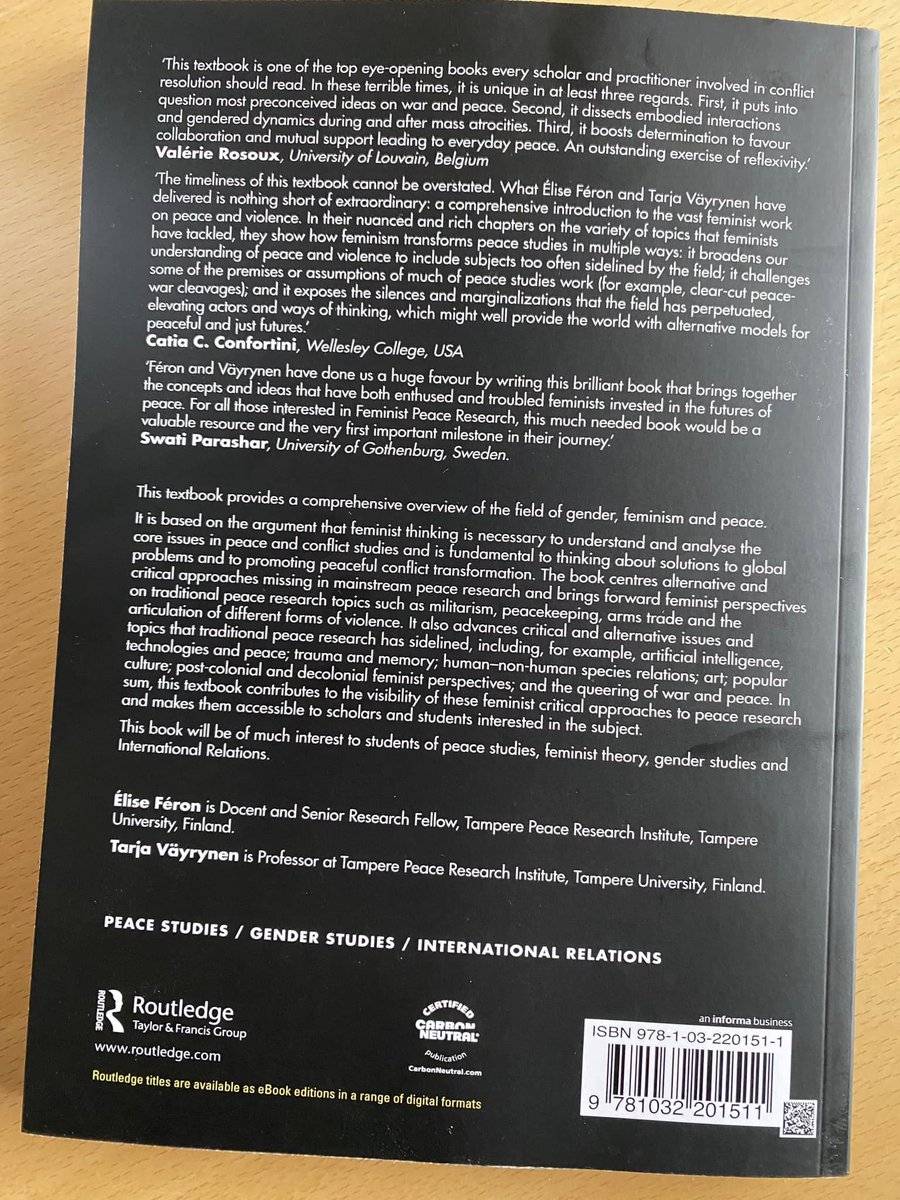 Thrilled to announce the publication of this book, which I co-authored with Tarja Väyrynen. It aims to make Feminist Peace Research literature, concepts & discussions accessible to a wide audience. Details: routledge.com/Feminist-Peace… @FemPRNetwork @TapriTampereUni @TampereUniSOC