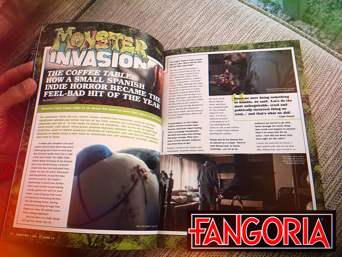 ENTREVISTA de 3 páginas en la mejor revista de terror del mundo @FANGORIA !!! Gran reportaje hablando de #lamesitadelcomedor y de como una pequeña producción indi española se ha convertido en la peli más perturbadora del año!!! Gracias @hornbloodfire y @PhilNobileJr 🎬❤️