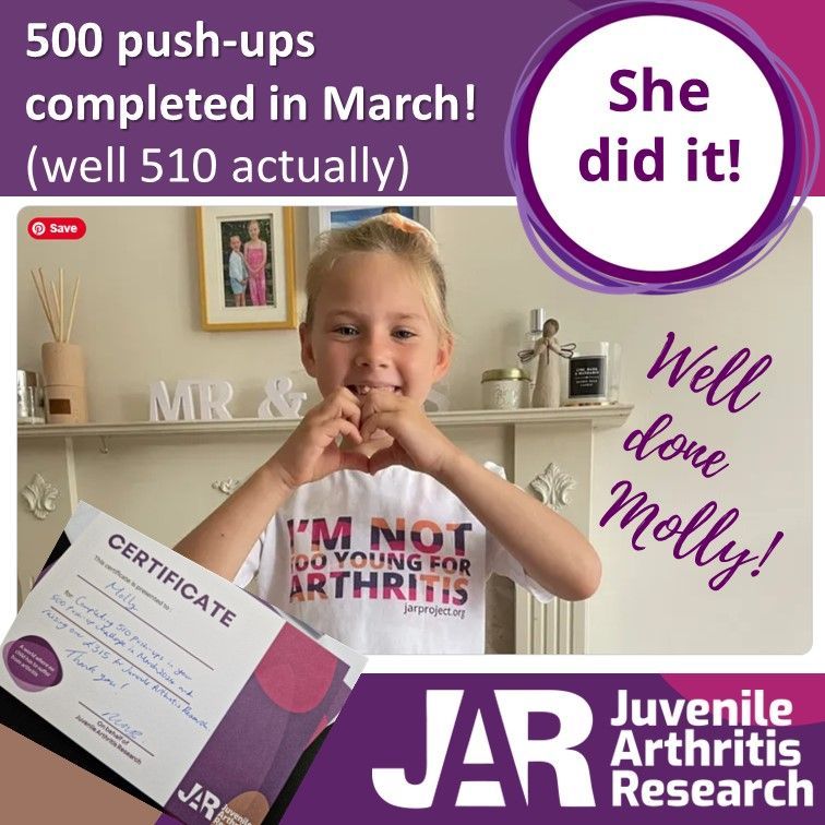 Amazing Molly has done it! Not only has she totally smashed her fundraising target and raised a fantastic £315 but she also exceeded her push-up total by completing 510 push-ups in March (going over by the extra 10 with her incredible enthusiasm) Well done Molly! #JIAwarrior #JIA