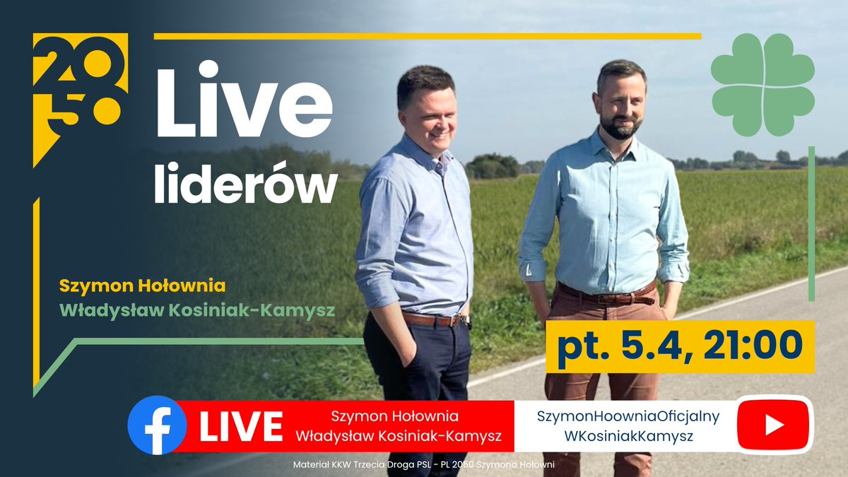 📣 Na finał kampanii zapraszamy Was na lajf z @KosiniakKamysz i @szymon_holownia. Już dziś o 21! Będziemy nadawali z Łomży. Zanim to jednak nastąpi widzimy się jeszcze w: 📍Lublinie, 📍Lubartowie, 📍Radzyniu Podlaskim. Do zobaczenia 👋