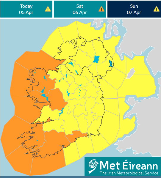 Status Yellow - Wind warning for Ireland⚠️🌬️ Possible impacts: • Some fallen trees • Difficult travel conditions • Debris, loose objects displaced • Coastal flooding • Wave overtopping Valid: 05:00 Saturday to 20:00 Saturday 06/04/2024