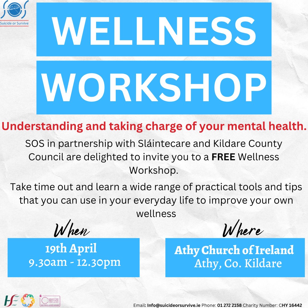 SOS is running a Wellness Workshop on the 27th Feb in Dublin 24 in partnership with Sláintecare and Kildare County Council! 🙌 The Wellness Workshop is free of charge and limited spaces are available. To register, visit tinyurl.com/ATHYWW @slaintecare @kildarecoco