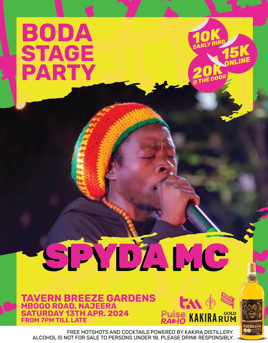 Prepare to be thrilled by @spydamcUg's show at #BodaStageParty happening next week on April 13th at Tavern Breeze Gardens, Najjera. 

Tickets are priced at just 10k (early bird), 15k (online), and 20k at the gate.

 #PulseRadioUG