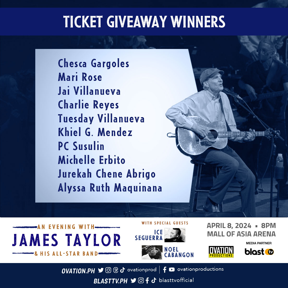 Congratulations to the winners of the James Taylor Giveaway! Please send a message to Ovation Productions page to claim your prize.