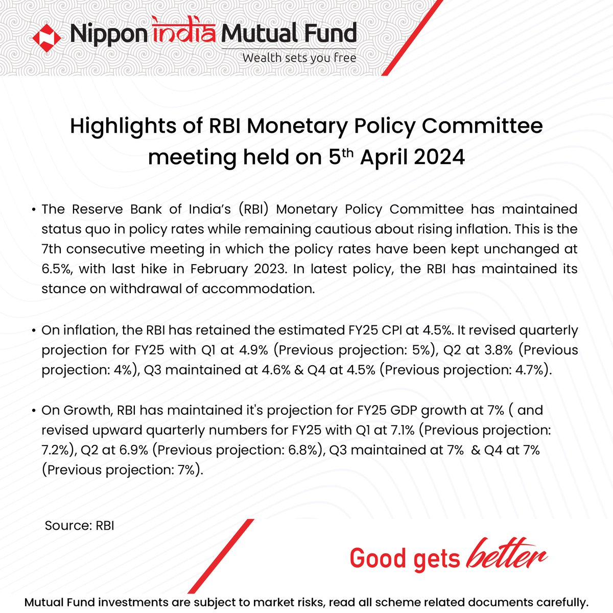 Here's the top-line from the RBI Monetary Policy Committee Meeting. #MonetaryPolicy #RBI #GoodGetsBetter #NipponIndiaMutualFund