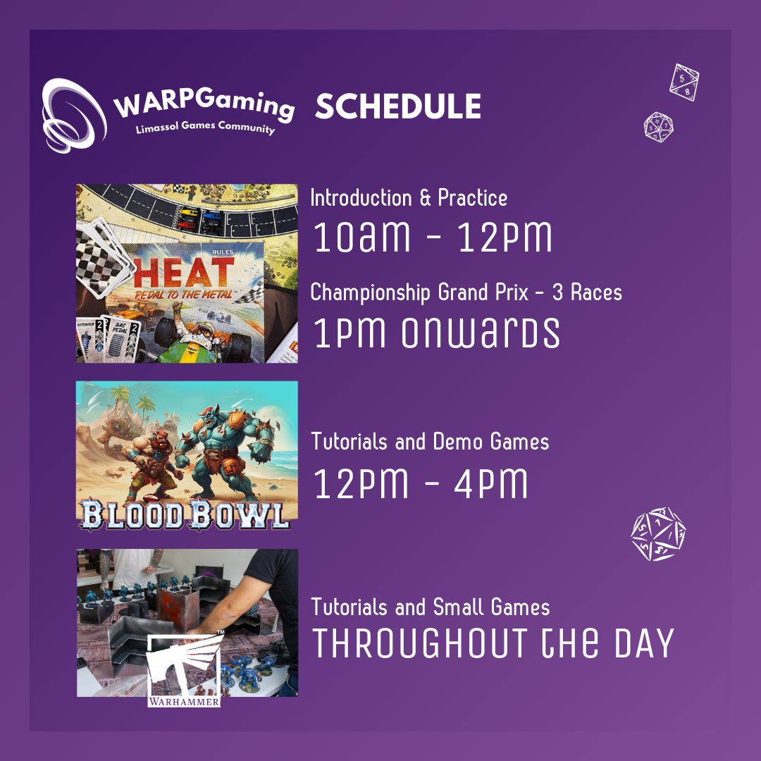 The_CTG_Team's tweet photo. We are pleased to welcome @WARPGamingCy as one of our #Exhibitors at #CTG24, a non-profit #community based in Limassol, consisting of likeminded gamers who regularly meet up to play all kinds of #tabletop #games. Check out the schedule below with the activities they have planned! https://t.co/RprtcyAgHw