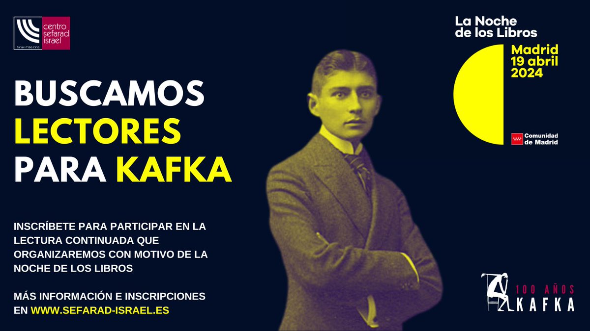 🔴 ¡Buscamos lectores para Kafka! En el marco de @lanochelibros y coincidiendo con el centenario de la muerte de Kafka, organizamos una lectura continuada de sus cartas en @sefaradisrael el 🗓️ 19 de abril a las ⌚18h Podéis inscribiros y participar aquí: sefarad-israel.es/evento/noche-d…