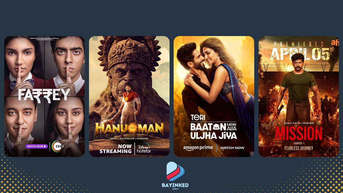 Streaming Now!! Hindi movie #Farrey @ZEE5India #FarreyOnZEE5 #Hanuman @DisneyPlusHS Audio: Tamil, Kannada & Malayalam!! #TeriBaatonMeinAisaUljhaJiya @PrimeVideoIN #ShahidKapoor #KritiSanon #MissionChapter1 @ahatamil #ArunVijay #AmyJackson #NimishaSajayan