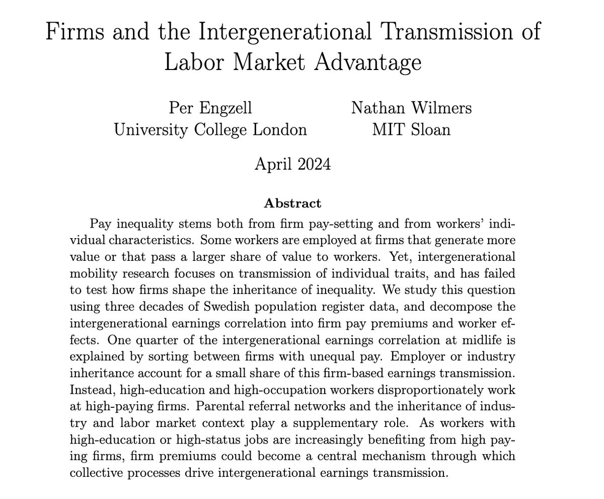New version of @natewilmers and my paper on firms and intergenerational mobility now up at @socarxiv. 50% longer and loads of new analyses. 1/7 osf.io/preprints/soca…