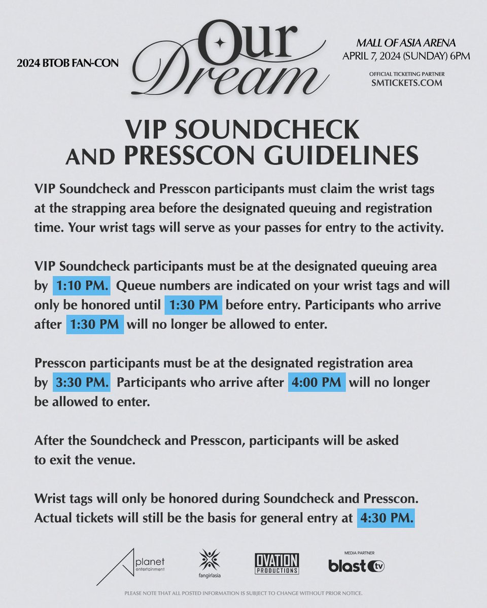 VIP Soundcheck and Presscon participants! Check out the activity guidelines so you won’t miss a moment of the much-awaited day! #BTOB_OurDream_Manila