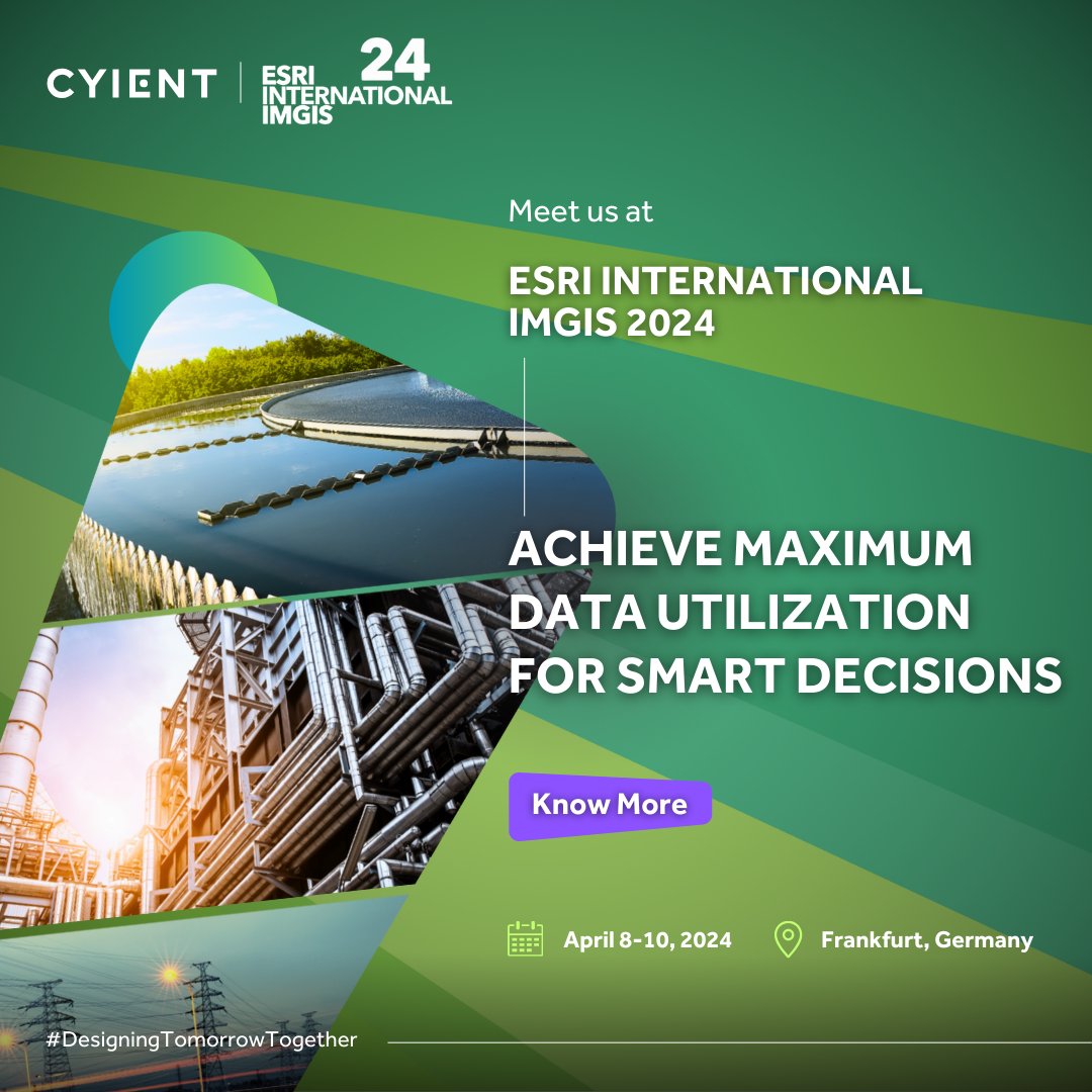 @Cyient will attend the Esri International IMGIS Conference in Frankfurt, Germany from April 8-10, 2024. Connect with us to learn about #GISImplementation and maximizing data usage for smart decisions. shorturl.at/apwz4 @Esri #GeoTech #SustainableDevelopment #Conference