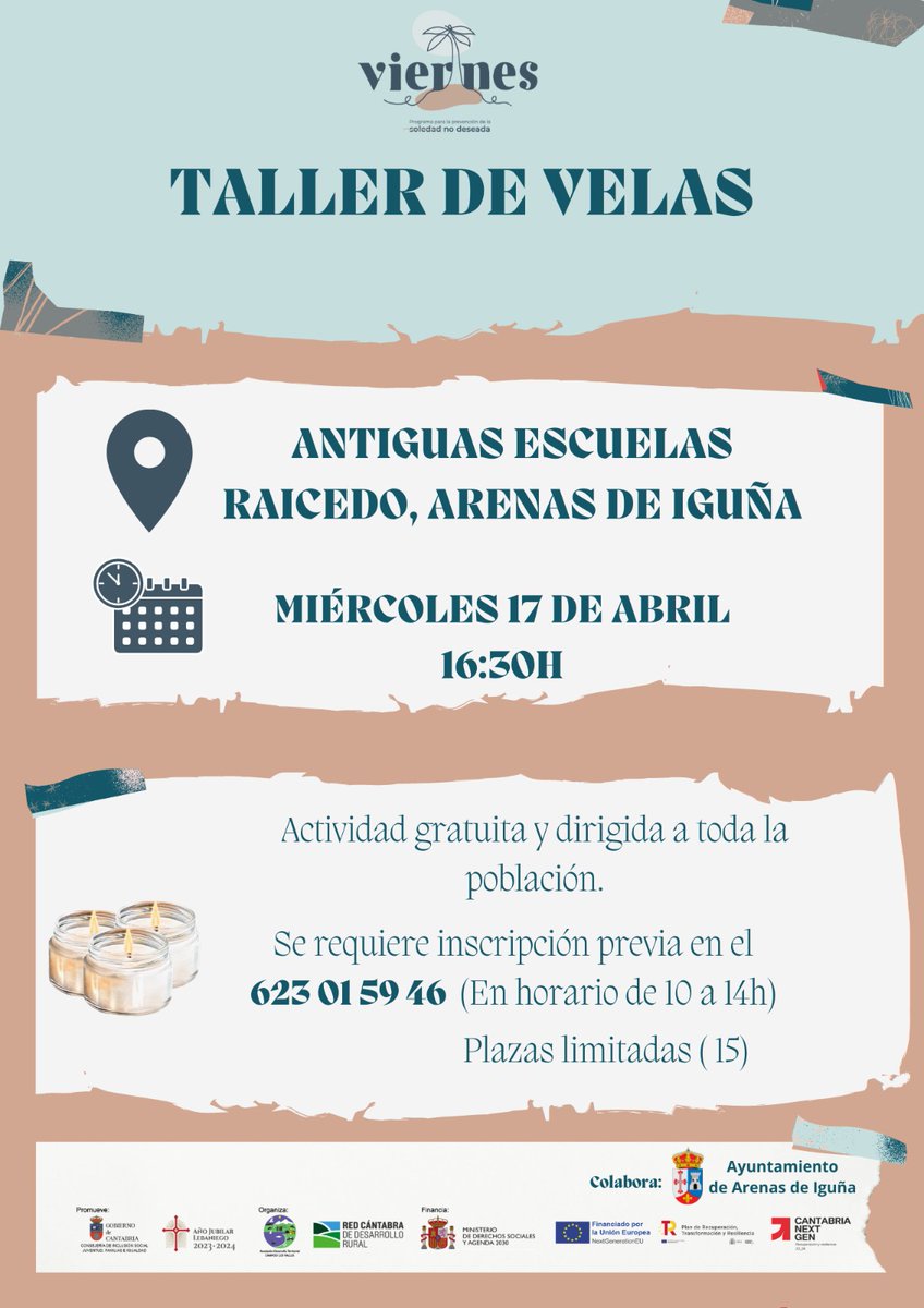 Taller de velas en #ArenasDeIguña. 🕯️#Raicedo acogerá este taller en el que elaboraremos velas de manera artesanal. Si te apetece pasar una agradable tarde de manualidades en comunidad puedes llamarnos al número de teléfono 722 14 29 73. ¡Corre, las plazas 'vuelan'! 😊#Viernes