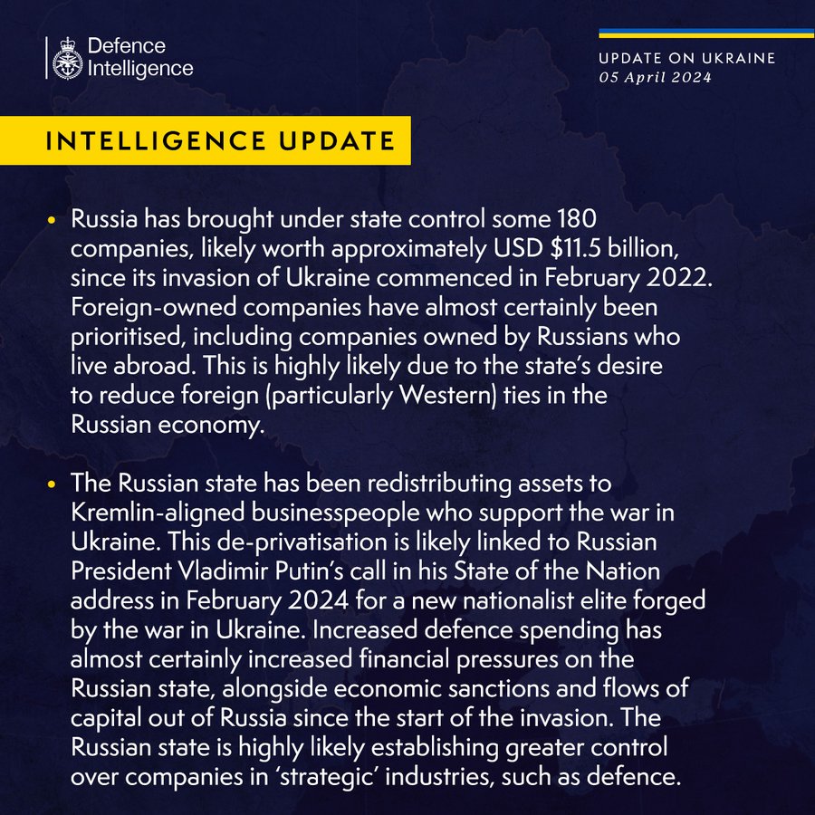 Russia has brought under state control some 180 companies, likely worth approximately USD $11.5 billion, since its invasion of Ukraine commenced in February 2022. Foreign-owned companies have almost certainly been prioritised, including companies owned by Russians who live abroad. This is highly likely due to the state’s desire to reduce foreign (particularly Western) ties in the Russian economy.The Russian state has been redistributing assets to Kremlin-aligned businesspeople who support the war in Ukraine. This de-privatisation is likely linked to Russian President Vladimir Putin’s call in his State of the Nation address in February 2024 for a new nationalist elite forged by the war in Ukraine. Increased defence spending has almost certainly increased financial pressures on the Russian state, alongside economic sanctions and flows of capital out of Russia since the start of the invasion.