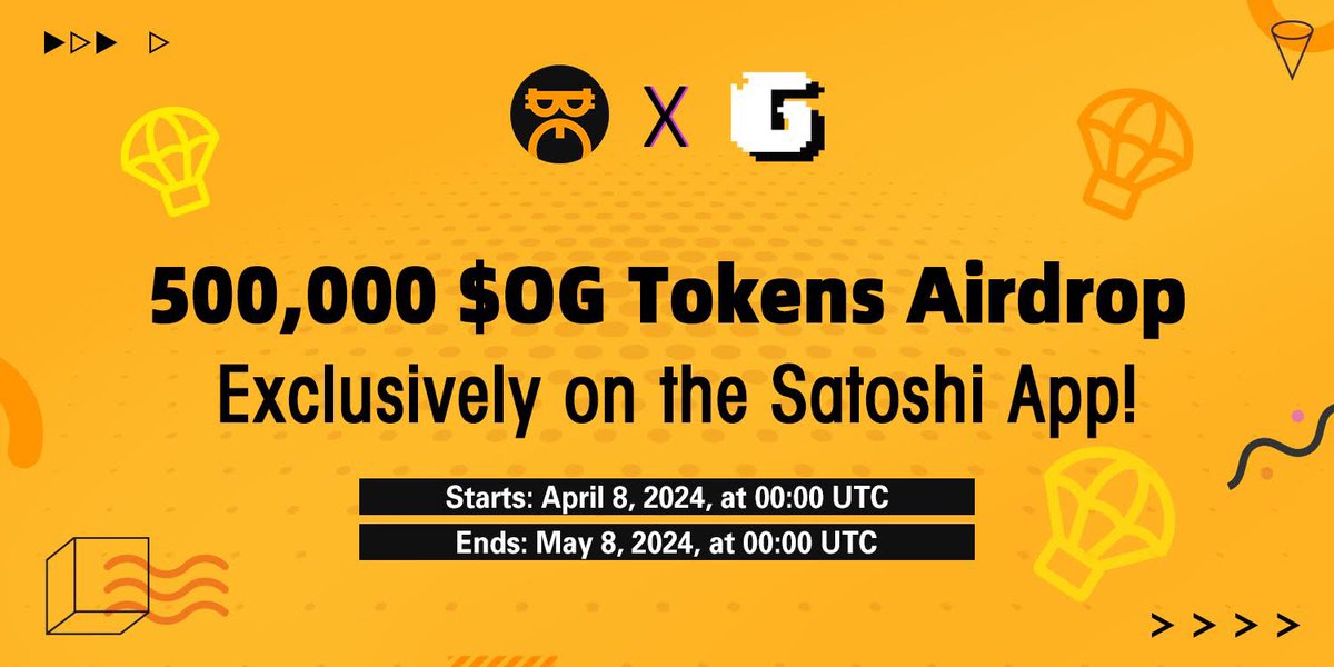 📢 500,000 $OG Tokens #Airdrop on Satoshi App!

🪂 We're thrilled to partner with <a href="/glyph_exchange/">Glyph Exchange</a> to Airdrop 500K $OG Tokens exclusively on the Satoshi App.

Starts: April 8, 2024, 00:00 UTC
Ends: May 8, 2024, 00:00 UTC

More details: medium.com/@satoshiappXYZ…