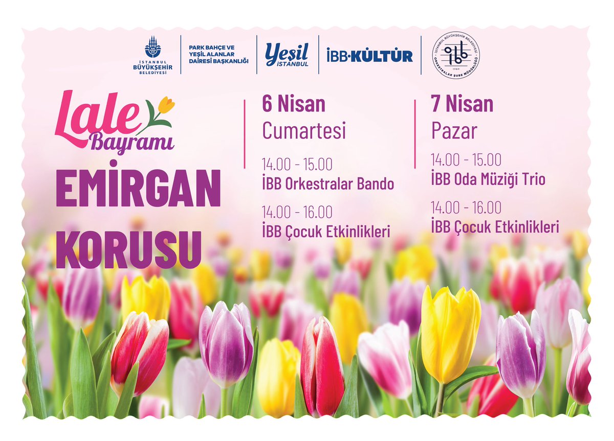 ibbyesilist's tweet photo. İstanbul’da Lale Bayramı Başlıyor. 🌷🎉

Rengarenk laleleri görebilir, 6-7 Nisan tarihlerinde Emirgan Korusu, Gülhane Korusu ve Göztepe 60. Yıl Parkı’nda gerçekleşecek Lale Bayramı etkinliklerine katılabilirsiniz.

@istanbulbld @ibb_kultur @ibborkestralar 
#lalebayramı https://t.co/h2NtftJIIH