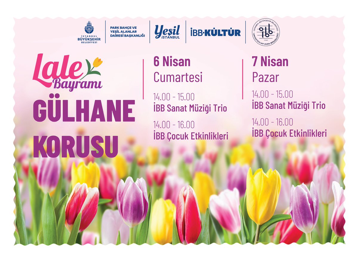 ibbyesilist's tweet photo. İstanbul’da Lale Bayramı Başlıyor. 🌷🎉

Rengarenk laleleri görebilir, 6-7 Nisan tarihlerinde Emirgan Korusu, Gülhane Korusu ve Göztepe 60. Yıl Parkı’nda gerçekleşecek Lale Bayramı etkinliklerine katılabilirsiniz.

@istanbulbld @ibb_kultur @ibborkestralar 
#lalebayramı https://t.co/h2NtftJIIH