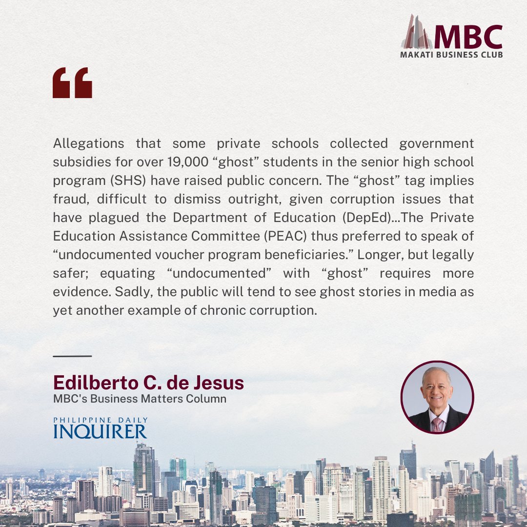MBC Member Edilberto de Jesus talks about the support private schools have provided for the implementation of the SHS voucher program and the topic of 'undocumented' and 'ghost' students. Read more on Inquirer: tinyurl.com/rh5sajud #MBC #BusinessMatters #PEAC #SHS #DepEd