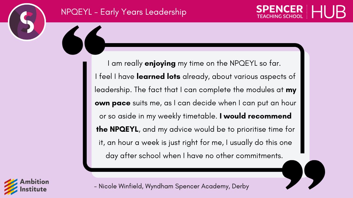 Read why Nicole at @wyndham_academy would recommend the #NPQEYL course 🌟

#NPQ #SpencerNPQs #Training #Teachers #EYFS #EarlyYears #TeacherCPD @satrust_ @Ambition_Inst