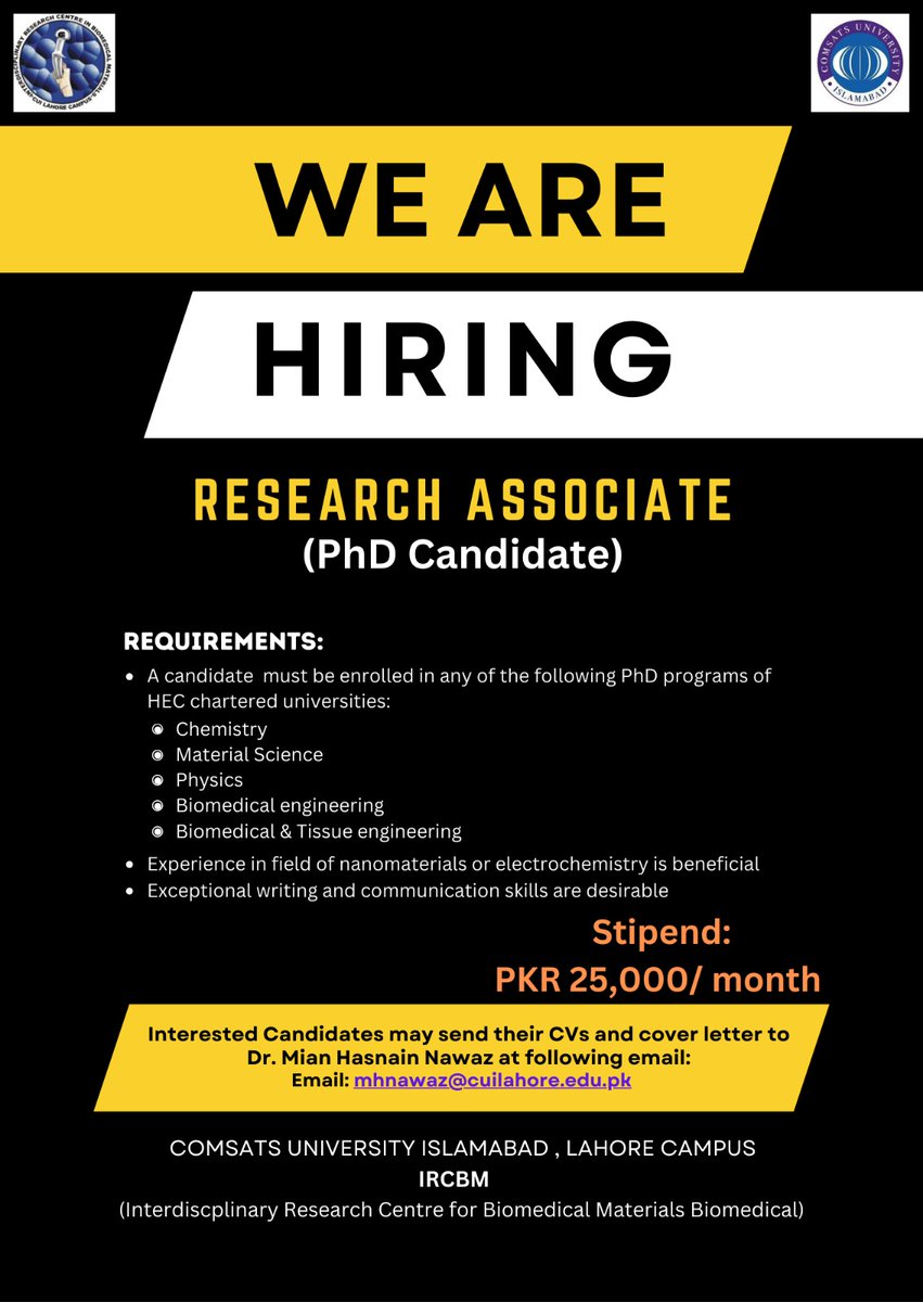 We are looking for motivated candidates for a PSF funded PhD studentship at IRCBM (02 yrs). The candidates are required to get enrolled (or already enrolled) in the field of Chemistry/ Materials Science/ Physics/ Biomedical Engineering #17th April 2024.#mhnawaz@cuilahore.edu.pk