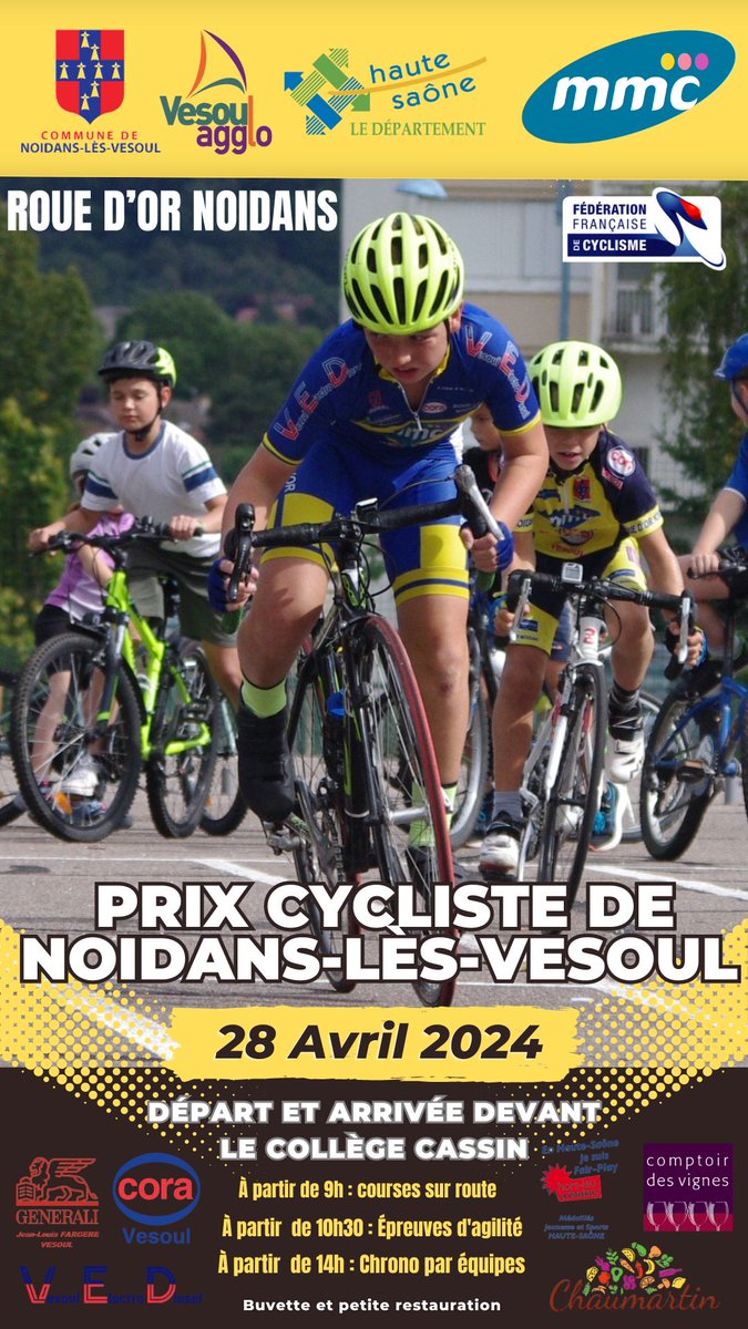 Le prix cycliste de Noidans-lès-Vesoul approche ! Il se déroulera le 28 Avril prochain ! 

Au programme : Courses sur route, épreuves d'agilité et une nouveauté ... un contre la montre par équipes !! 

Et tout cela sera support du challenge régional BFC 

💪🏻🚴🤩
<a href="/RoueDorNoidans/">ROUE D'OR NOIDANS</a>