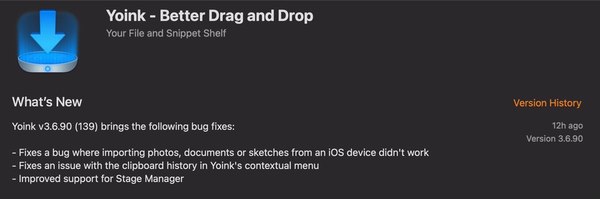 ⚡️ <a href="/YoinkApp/">Yoink for Mac, iPad and iPhone</a> for #Mac v3.6.90 is now available to fix a couple of bugs!

Website (+free trial) : eternalstorms.at/yoink/mac
Mac <a href="/AppStore/">App Store</a>: apps.apple.com/app/yoink/id45…

Enjoy : )