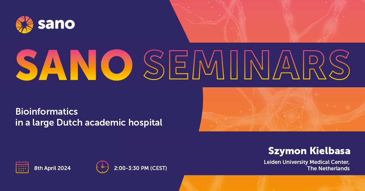 Save the dates for Monday's #Sano #seminars - 8th April 2024, 2:00-3:30 PM (CEST) #zoom #webinarseries - Szymon Kielbasa (Leiden University Medical Center, The Netherlands) will talk about Bioinformatics in a large Dutch academic hospital More:sano.science/seminars/128-b…