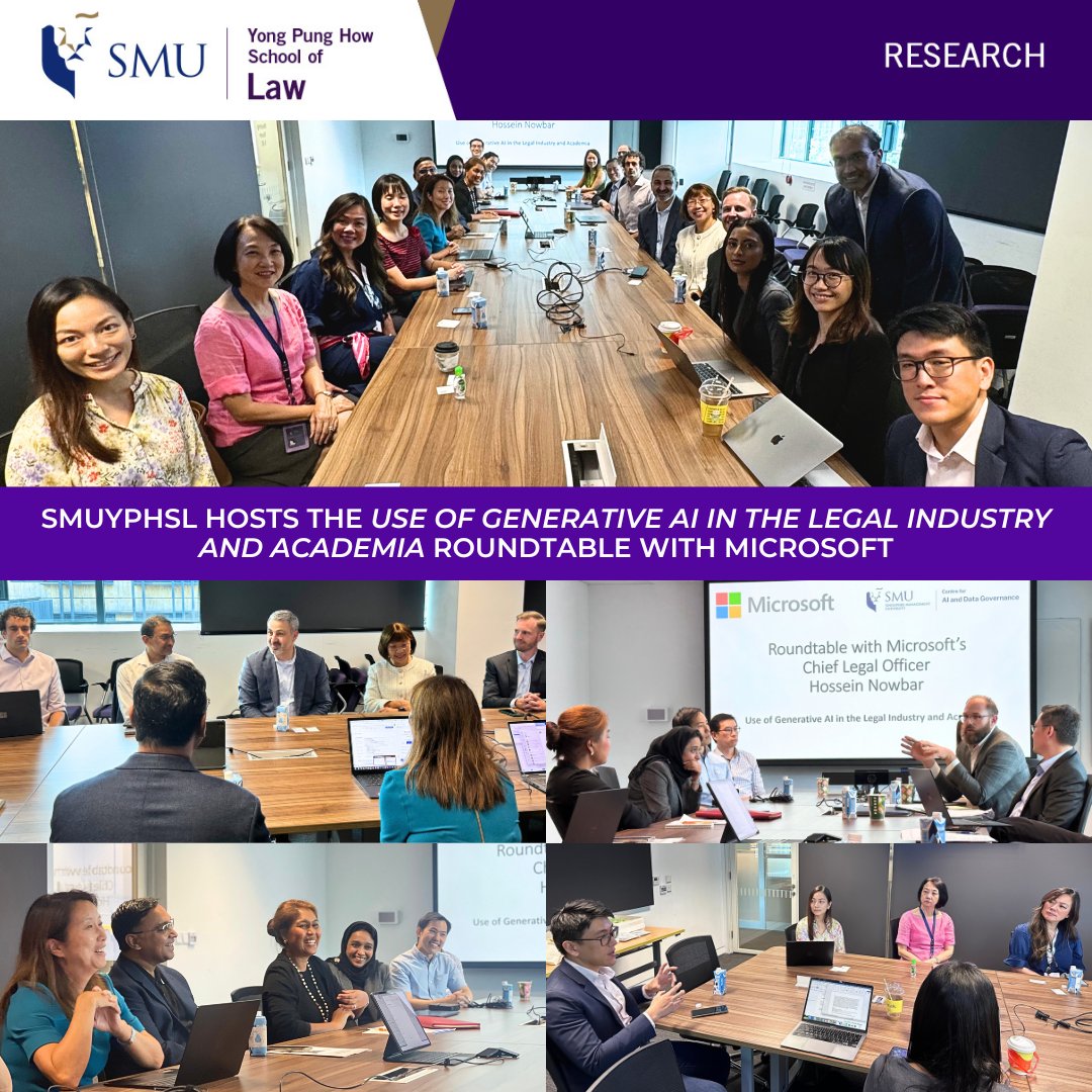 #SMUYPHSL's Centre for AI and Data Governance (CAIDG) was privileged to co-host with Microsoft the ‘Use of Generative AI in the Legal Industry and Academia’ Roundtable with Microsoft's Chief Legal Officer, Hossein Nowbar at SMU on 2 April 2024: smu.sg/zpg6.