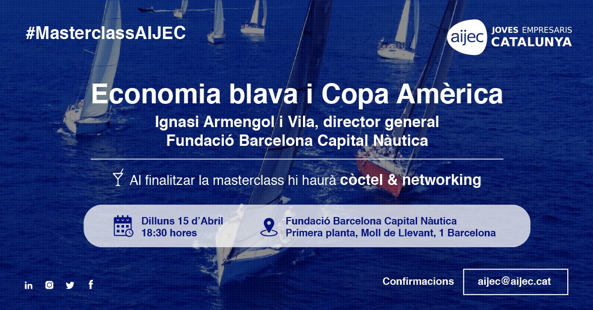 AIJEC's tweet photo. La @americascup està cridada a deixar empremta a Barcelona i a tot el territori

➡️ Com aprofitar les oportunitats que deixarà per l’ecosistema emprenedor? 
➡️Com funciona la competició?

Tot això i + a la propera #MasterclassAIJEC amb Ignasi Armengol, director general @bcnautica https://t.co/SKIb24PkdR