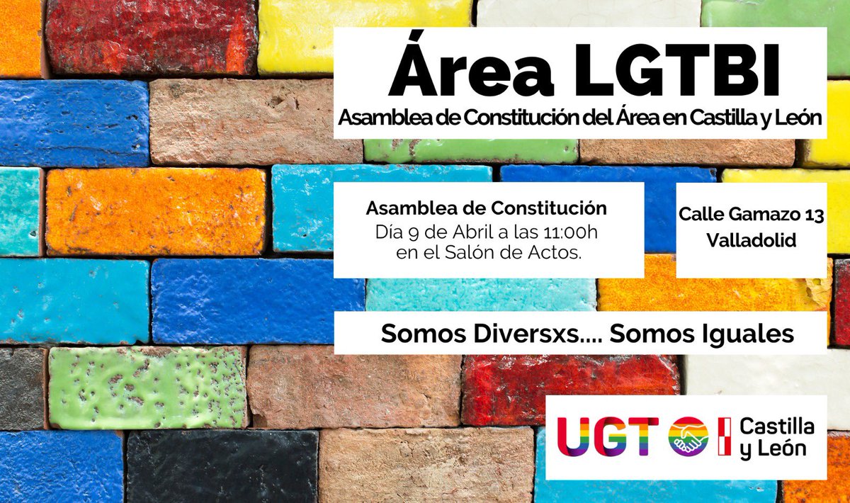 🏳️‍🌈🏳️‍⚧️UGTCyL creará el 9 de abril el área LGTBI en Castilla y León! En ella, defenderemos: ✅ La igualdad real y efectiva de las personas LGTBI en el trabajo. ✅ Las libertades y los derechos de las personas ✅Luchamos contra la discriminación de las personas LGTBI en la sociedad