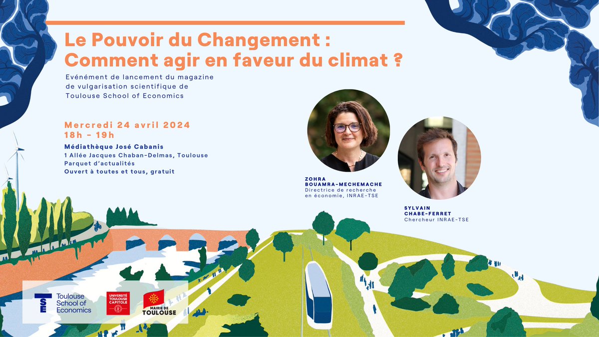 Comment agir en faveur du #climat ❓🤔 💡Éléments de réponse lors d'une conférence présentée par Zohra Bouamra-Mechemache et @SylvainCF, économistes @INRAE_Tlse @TSEinfo 📆24/04 à 18h 📍Médiathèque José Cabanis @Toulouse 🆓url.inrae.fr/4azoOqw