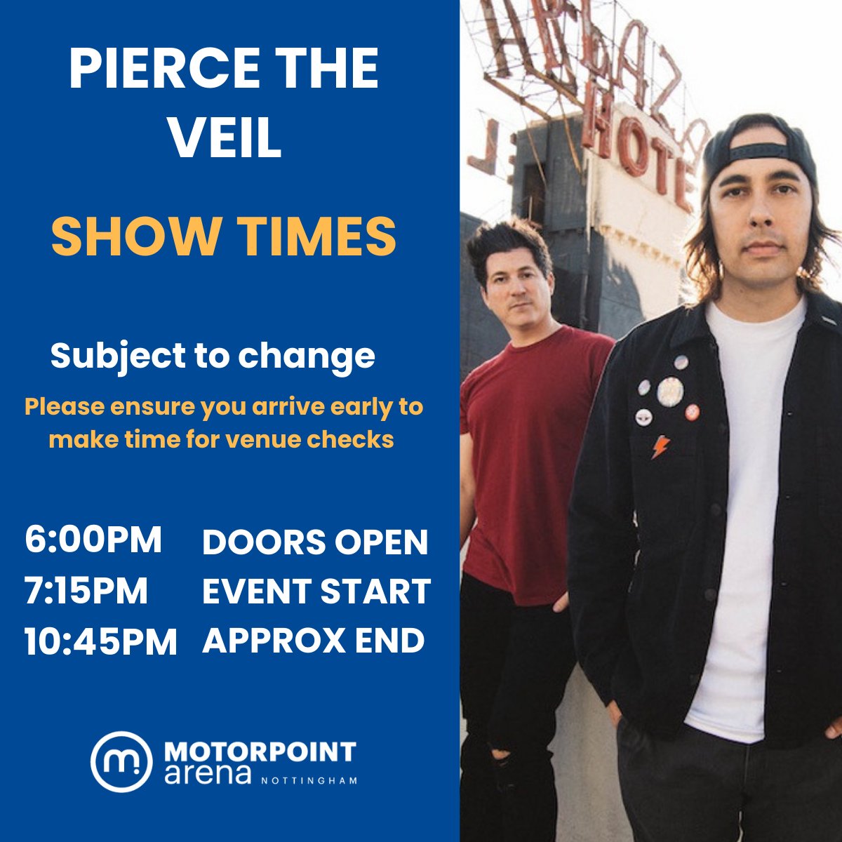 nottinghamarena's tweet photo. Pierce the Veil tonight at #nottinghamarena 🔥
We hope you enjoy the show 🖤
#piercetheveil https://t.co/8NzkwEx96q