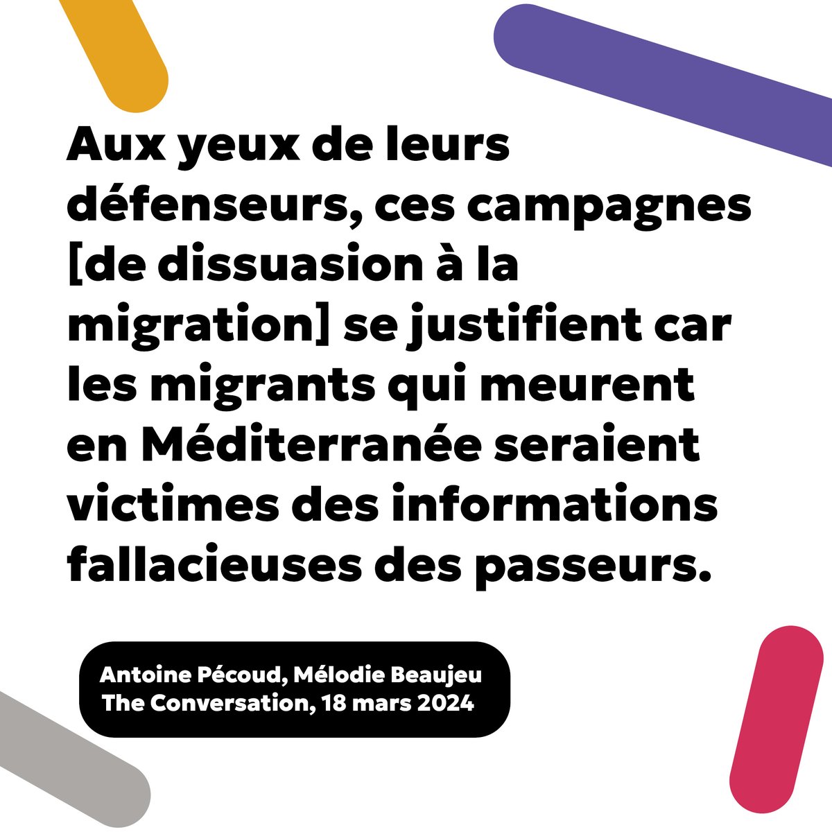 📰🗣️ Le directeur de notre département POLICY, @AntoinePecoud et Mélodie Beaujeu, chercheuse affiliée à l’IC Migrations, se penchent dans @FR_Conversation sur les campagnes de l’UE d’information et de dissuasion de l’immigration irrégulière, et sur leur manque d’efficacité.