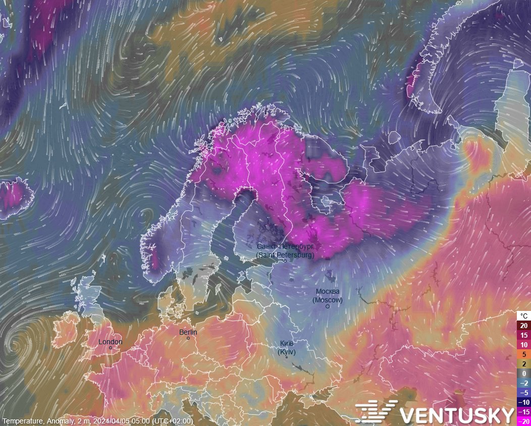While most of Europe anticipates a warm weekend, Northern Europe faces unusual cold, with temperatures up to 20 °C below the early April average, dropping to -30 °C this morning. See temperature anomaly map ventusky.com/?p=65.2;34.3;4… 🧐🥶