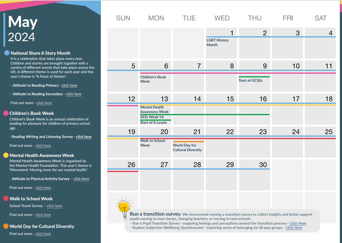 Are you planning ahead to the activities you have in store for next term? Our Wellbeing Calendar is filled with exciting awareness days, which can easily be incorporated into your classroom plans. Here's a glimpse at what's coming up in May: 📅 Children's Book Week 📅 Mental…
