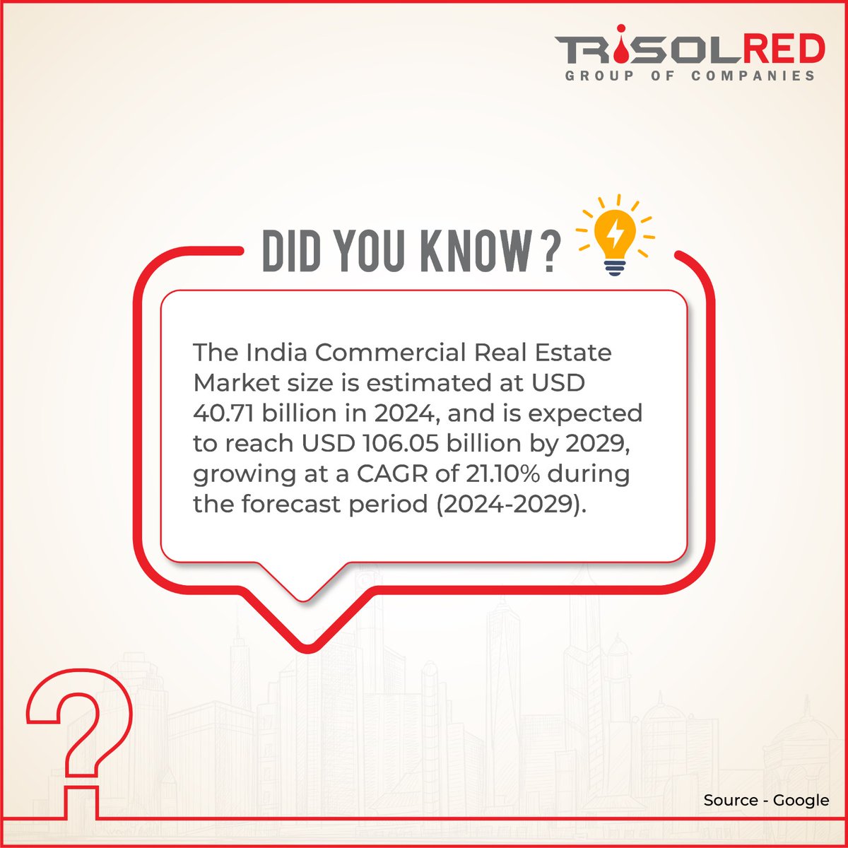 #DidYouKnow

The dynamic world of Indian commercial real estate is projected to reach new heights, and the market is set to soar from USD 40.71 billion to a staggering USD 106.05 billion by 2029. 📈 
Source: Google 

#Trisol #TrisolRED #RealEstate #RealEstateRevolution