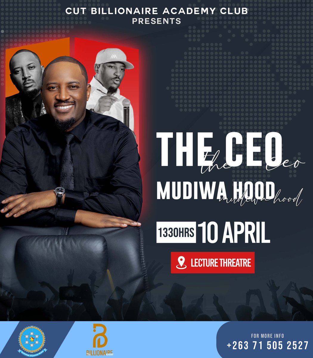 10 April 2024 The CEO will be at Chinhoyi University of Technology (CUT) 13:30hrs Wednesday The Lecture Theatre (LT) Do not miss this for ANYTHING!!