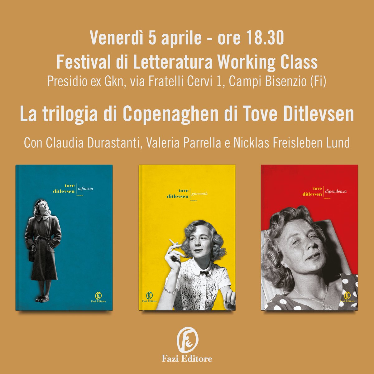 Vi aspettiamo oggi al Festival di Letteratura Working Class per l'evento dedicato alla trilogia di Tove Ditlevsen con <a href="/ValeriaParrell2/">Valeria Parrella</a>, <a href="/CDurastanti/">Claudia Durastanti</a>
e Niklas Freisleben Lund. 
L'appuntamento è alle 18.30 al Presidio Ex Gkn a Campi Bisenzio (Firenze).