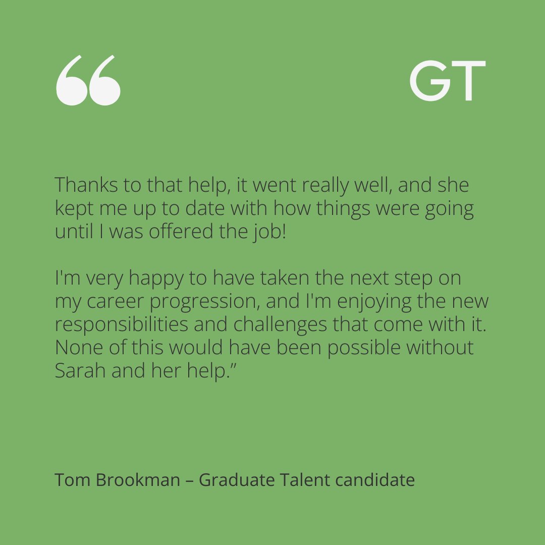 Graduate_Talent's tweet image. Graduate Talent’s recruitment manager, Sarah, helped Tom secure a new role in the West Midlands.

Are you looking for a new role? Get in touch to see how the team could support you.

#GraduateJobs #GradJob #Graduate #CareerProgression