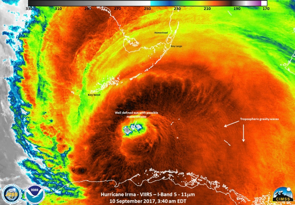 Hurricane Irma (2017) nearing landfall in the Florida Keys as a Category 4 storm.