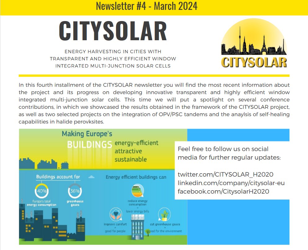 The 4th Citysolar Newsletter has been released and can be consulted on our website Inside you will find the most recent information about the project and its progress.🪟 Check the link below and enjoy! citysolar-h2020.eu/citysolar-news… #citysolar #H2020 #Eu #photovoltaic #solarenergy