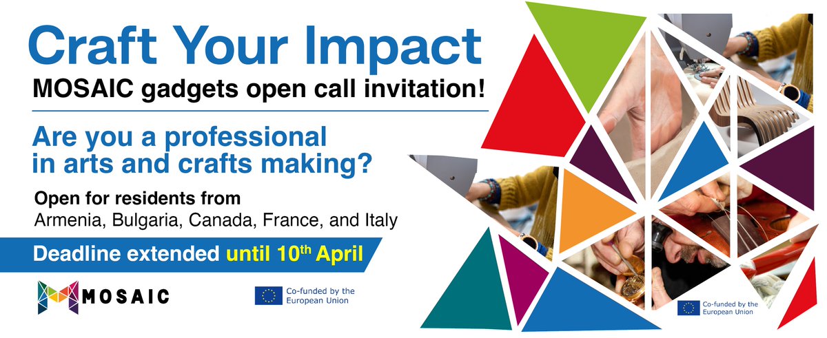 Atention ❗️
If you are a a skilled craft practitioner from Italy, France, Canada, Armenia or Bulgaria, this is for you!

You can now apply to MOSAIC open call until April 10th and create authentic gadgets for <a href="/MOSAICeuproject/">MOSAIC</a>.
Details on how to apply at mosaiceuproject.eu/open-call-for-…