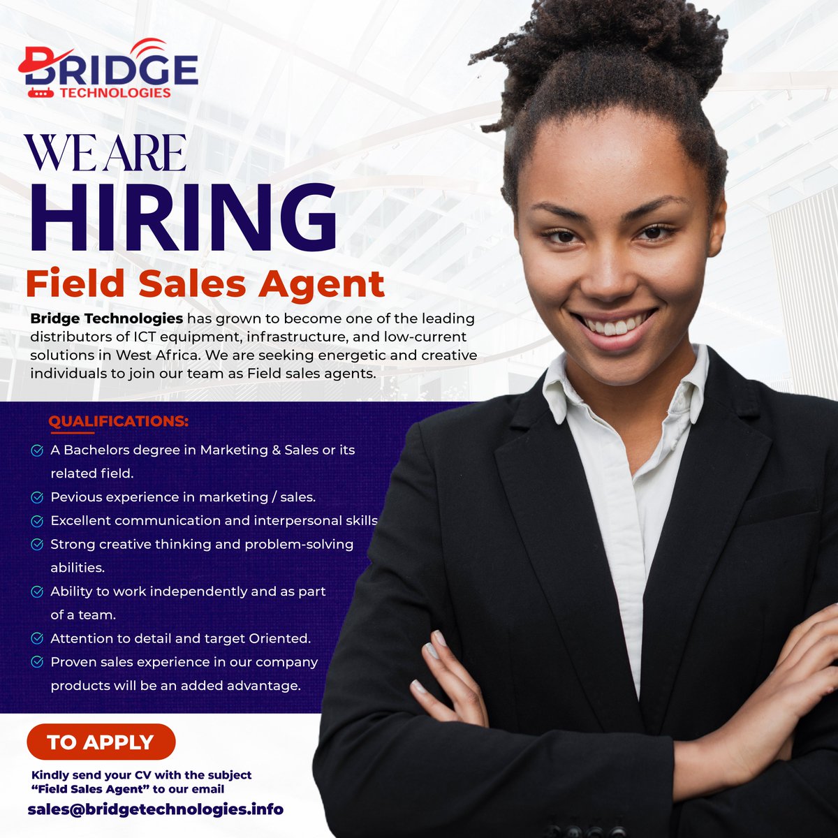 JOB OPPORTUNITY!
Are you an energetic and creative individual ready to embark on an exciting journey? Join our dynamic team as a Field Sales Agent.

Send your CV to sales@bridgetechnologies.info with the subject 'Field Sales Agent' to apply.

#BridgeTechnologies #JobOpportunity