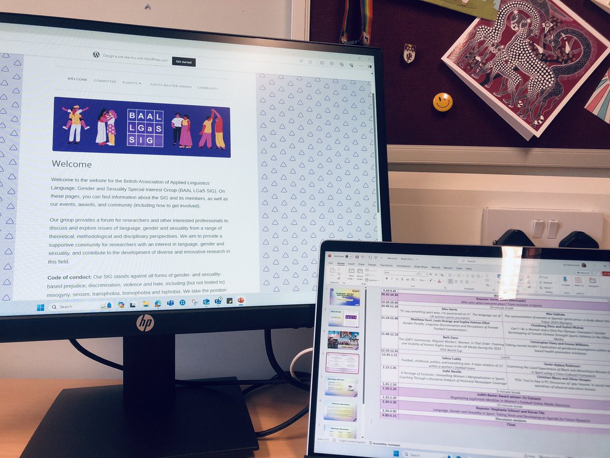 BAAL Language, Gender & Sexuality SIG (@lgas_baal) on Twitter photo We’re all ready for #LGaSSIG15! Looking forward to a day of language, gender and sexuality in sport.
Train strikes scuppered our plans to visit <a href="/dmuleicester/">dmuleicester</a> today but our excellent hosts <a href="/jones_lucy/">Lucy jones</a> and <a href="/AimeeFBailey/">Dr Aimee Bailey</a> have expertly moved us online ☺️ We’re all ready for #LGaSSIG15! Looking forward to a day of language, gender and sexuality in sport.
Train strikes scuppered our plans to visit <a href="/dmuleicester/">dmuleicester</a> today but our excellent hosts <a href="/jones_lucy/">Lucy jones</a> and <a href="/AimeeFBailey/">Dr Aimee Bailey</a> have expertly moved us online ☺️