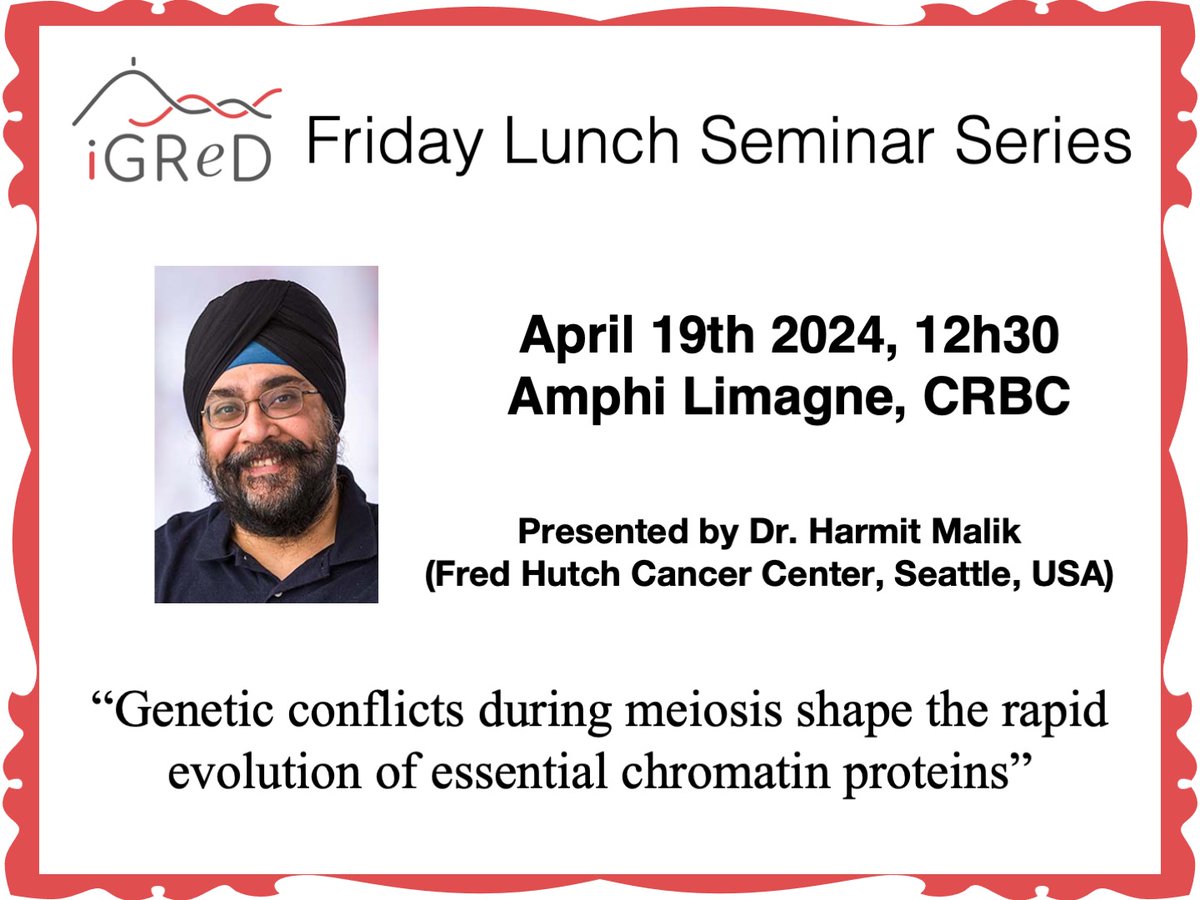 Antoine Molaro (@antoinemolaro) on Twitter photo Hello World! April 19th, we will be hosting <a href="/HarmitMalik/">Harmit S. Malik</a> for our Friday Lunch Seminar Series. Come on by to learn about Genetic Conflicts, Meiosis and Chromatin! <a href="/GReD_Clermont/">Institute Genetics, reproduction & development</a>
#OMGOMGOMG #MolaroLab #SoProud Hello World! April 19th, we will be hosting <a href="/HarmitMalik/">Harmit S. Malik</a> for our Friday Lunch Seminar Series. Come on by to learn about Genetic Conflicts, Meiosis and Chromatin! <a href="/GReD_Clermont/">Institute Genetics, reproduction & development</a>
#OMGOMGOMG #MolaroLab #SoProud