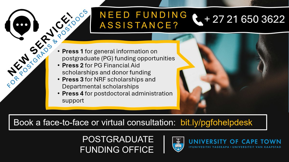 Do you need assistance with funding your studies? Try our new service for postgrads & postdocs @UCT_news⬇️