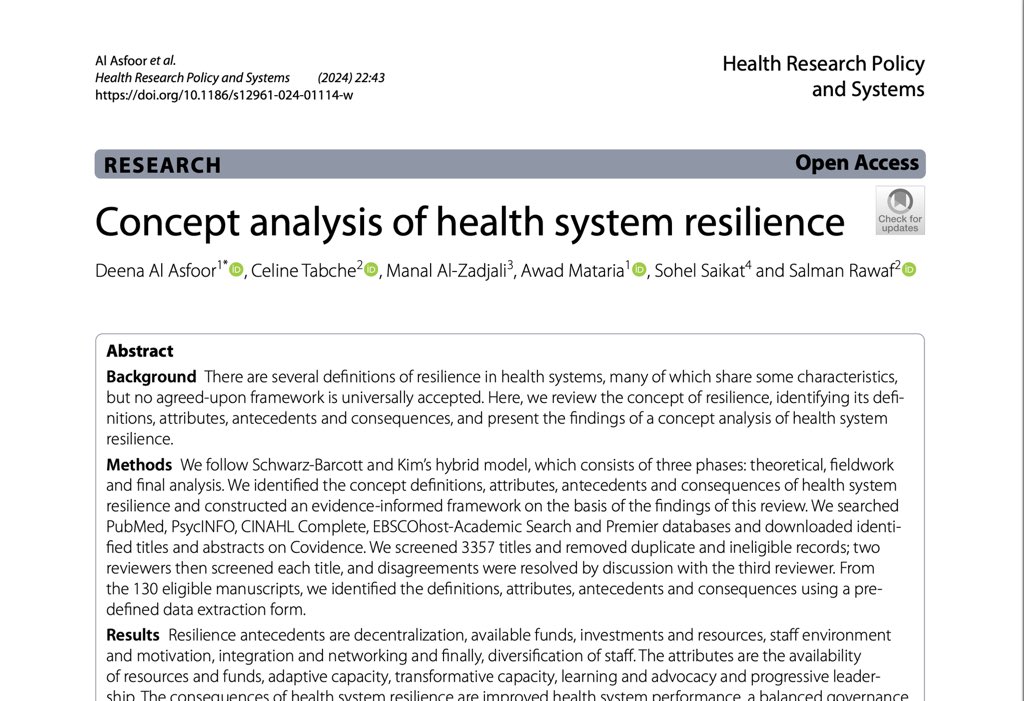 I am happy to share our latest publication on concept analysis of health system resilience with @AwadMataria @SalmanRawaf Celine Tabche, Manal AlZadjali and @SaikatSohel …alth-policy-systems.biomedcentral.com/articles/10.11…